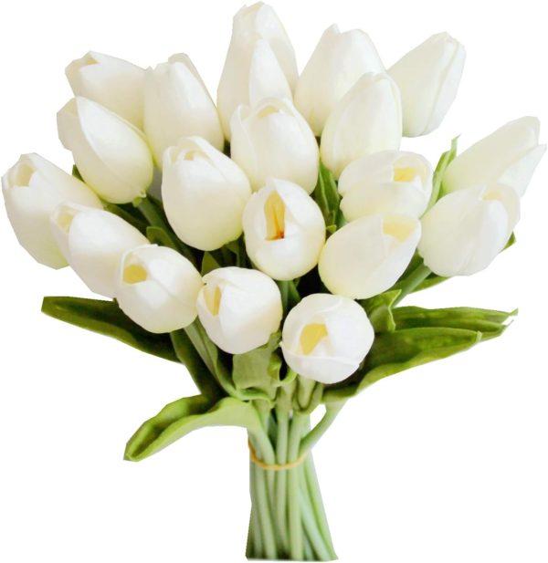 VKOFun  20pcs White Flowers Artificial Tulip Silk Fake Flowers 13.5" for Mother's Day Easter Valentine’s Day Gifts in Bulk Home Kitchen Wedding Decorations